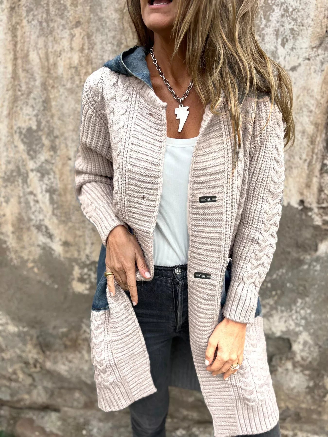 Pandorra - Stylish hooded cable knit longline cardigan