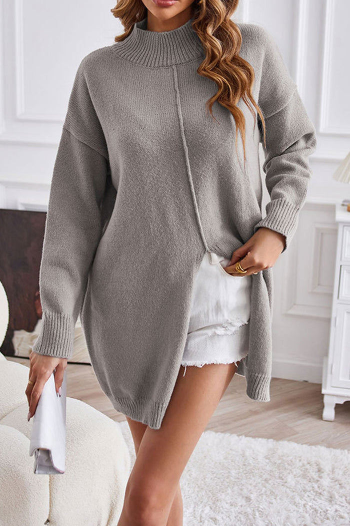 Roxie - Cozy turtleneck long sweater with middle slit