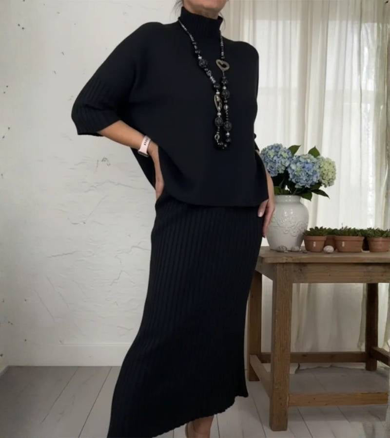 Amaris - Cozy ribbed turtleneck sweater and midi skirt set