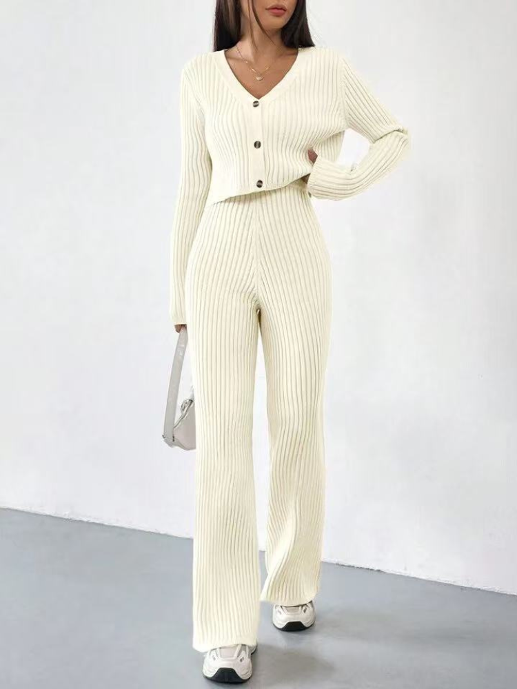 Zariah - Stylish ribbed knitted V-neck sweatshirt and pants set