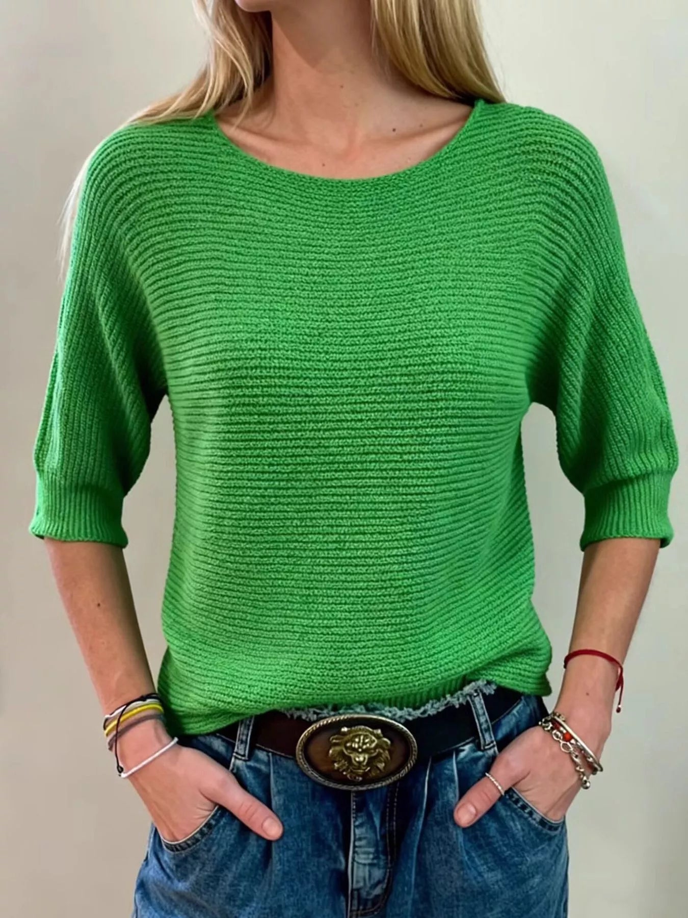 Elisheva - Ribbed knitted round neck half-sleeve sweater