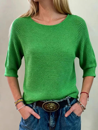 Elisheva - Ribbed knitted round neck half-sleeve sweater