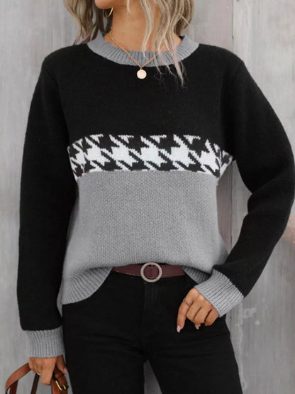 Lucie - Casual color block houndstooth knit sweater