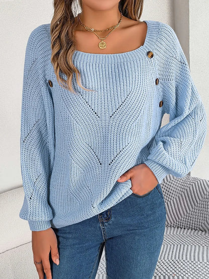 Elma -  Cozy openwork knitted buttoned square neck sweater