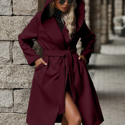 Hadleigh - Elegant long wrap hooded coat with belt