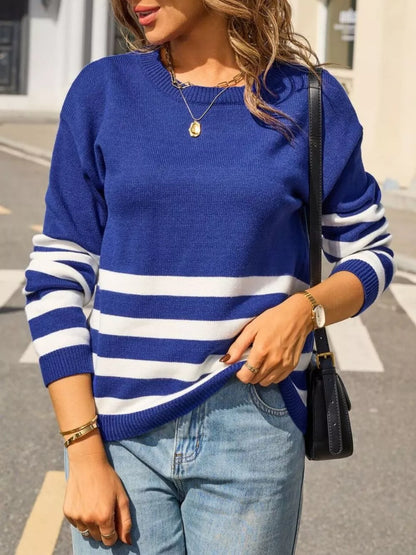 Keisha - Striped trim crew neck sweater