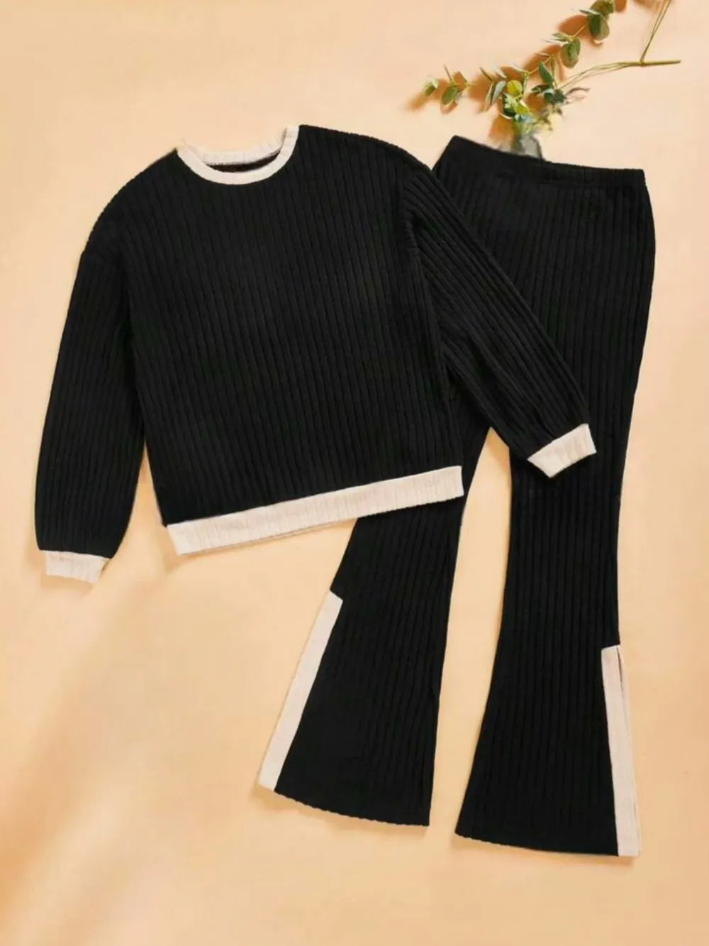 Devora - Contrast round neck long sleeve sweater and wide leg pants set