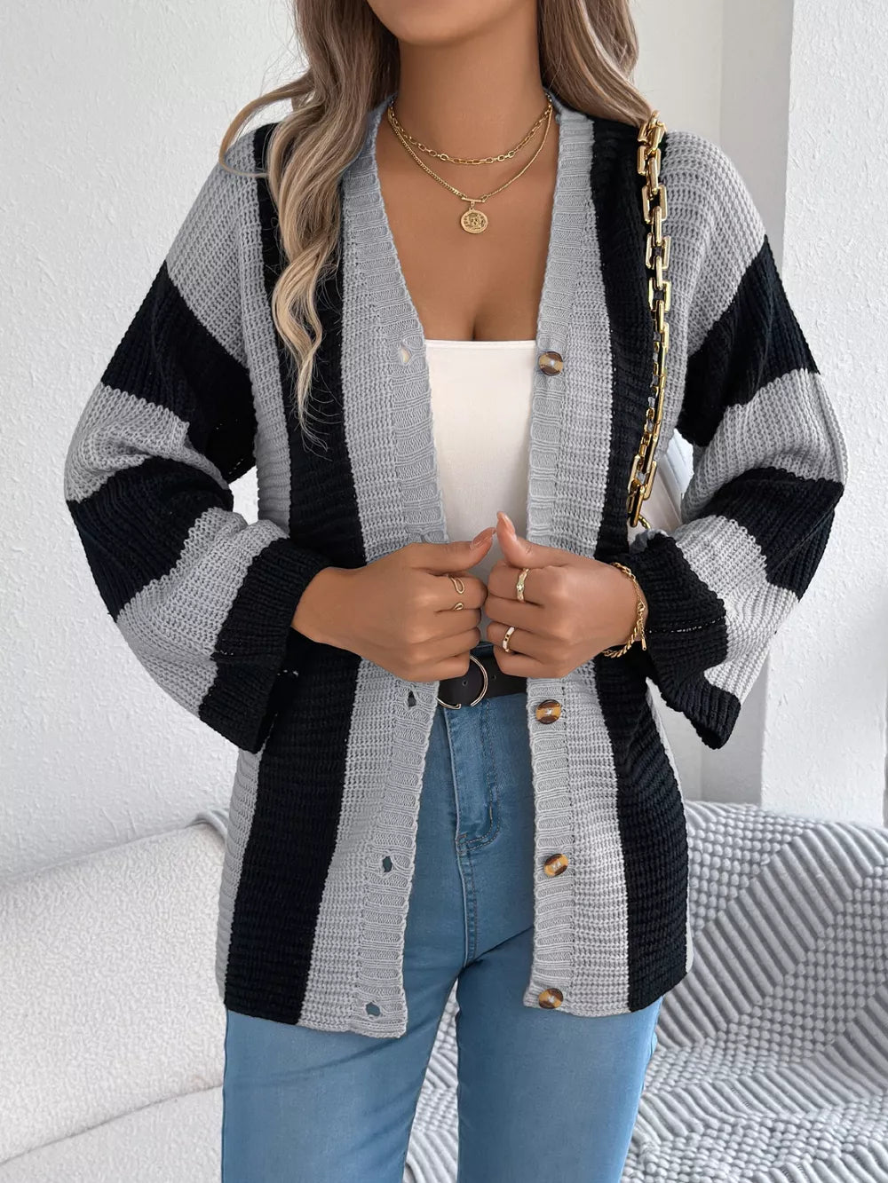 Zyla - Stylish color block stripe button-up cardigan