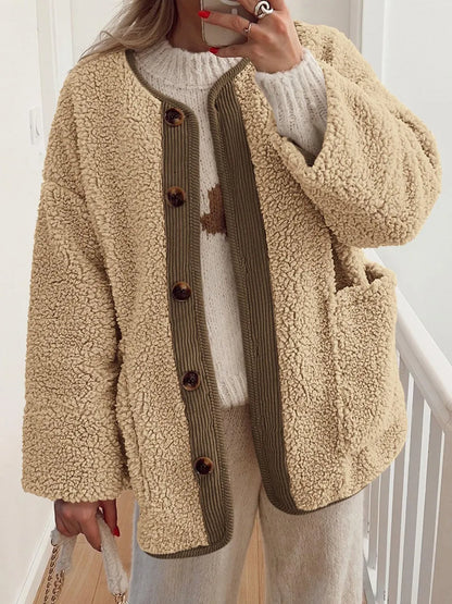 Yasley - Cozy contrast button-up sherpa jacket with pockets