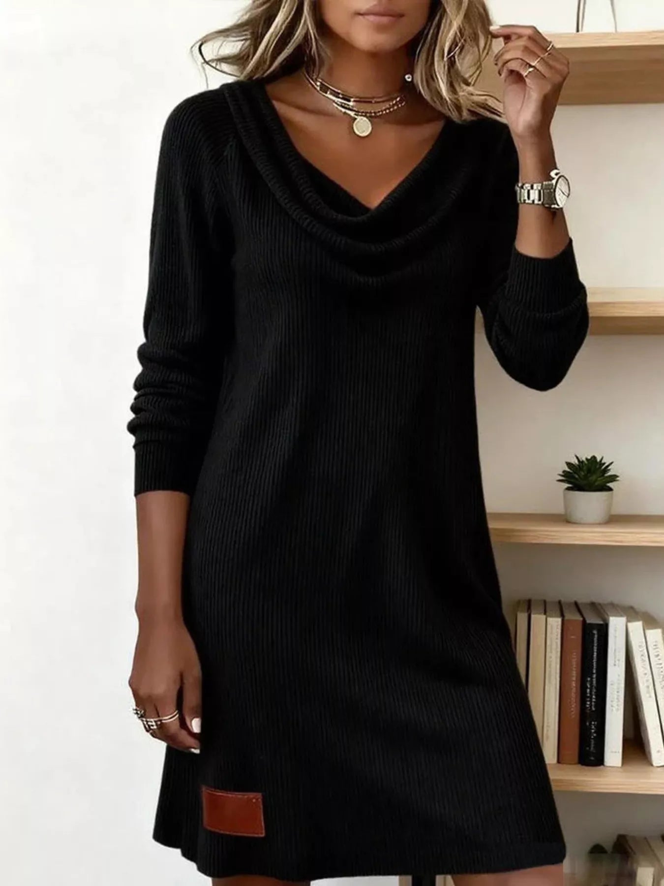 Aicelle - Casual cowl neck ribbed knit long sleeve mini dress