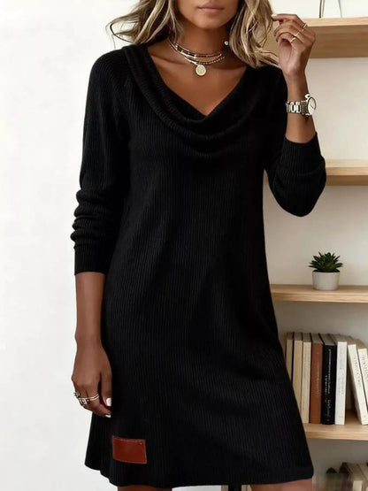 Aicelle - Casual cowl neck ribbed knit long sleeve mini dress