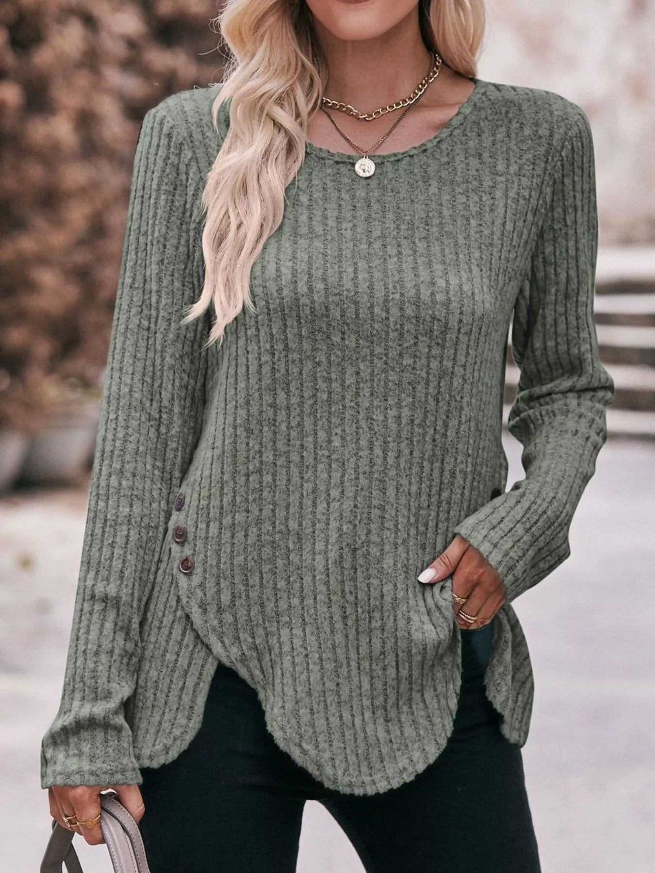 Brenda - Casual ribbed knit long sleeve sweatshirt