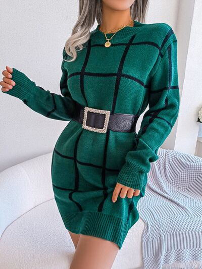 Liliah - Stylish plaid warm sweater mini dress