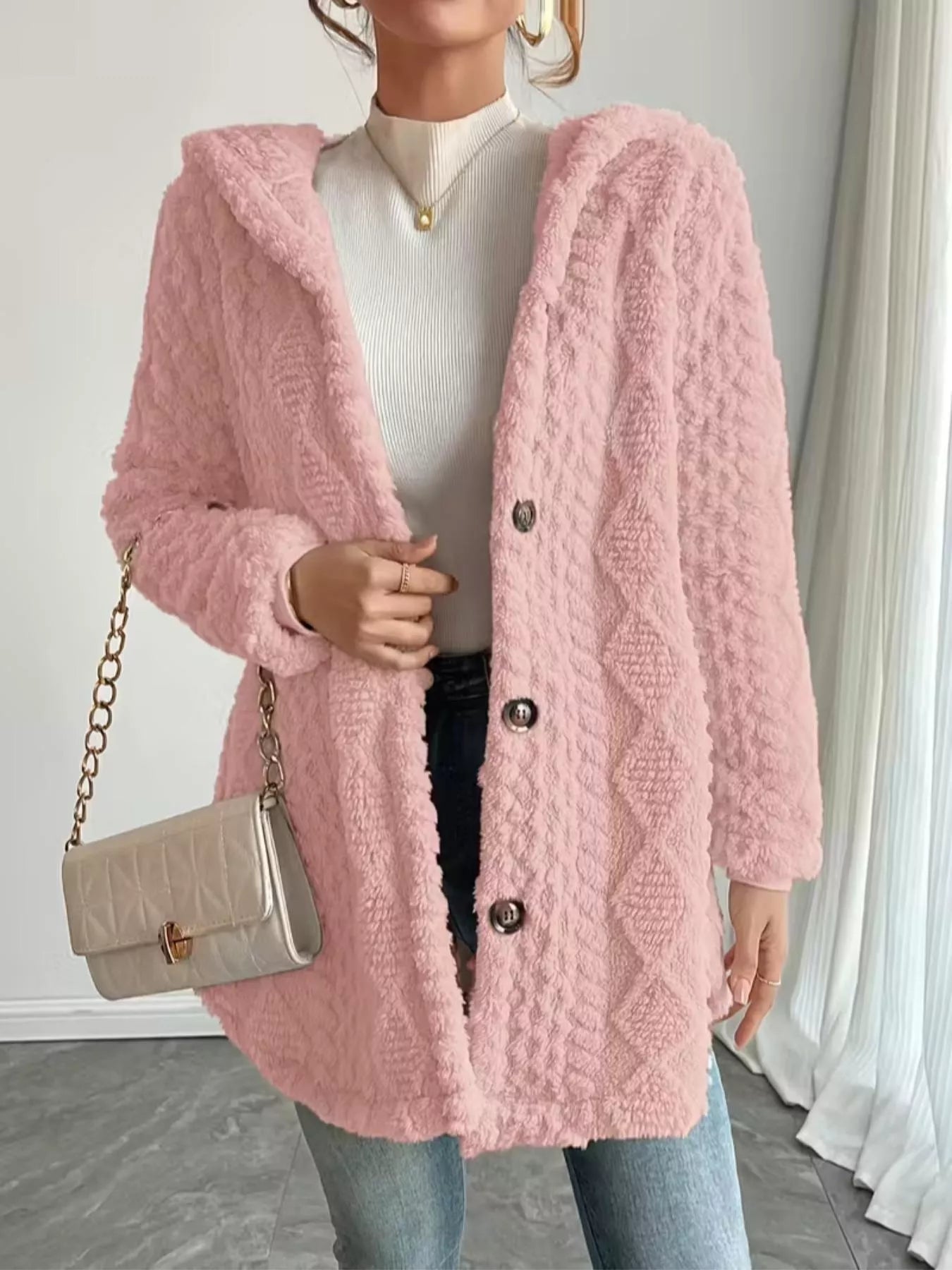 Darlina - Cozy textured button-front hooded jacket