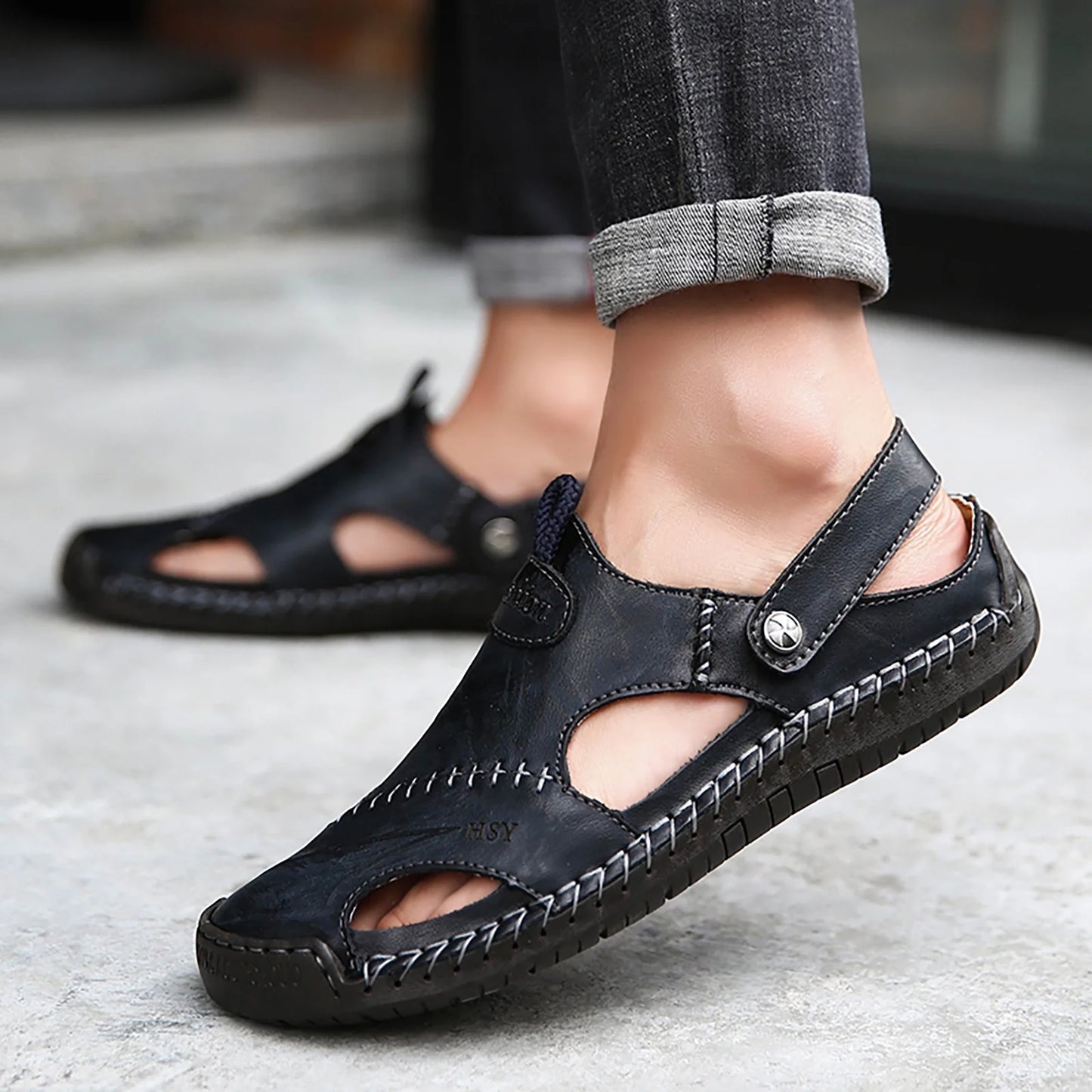 Men’s Summer Leather Sandals | Open-Toe, Hand-Stitched