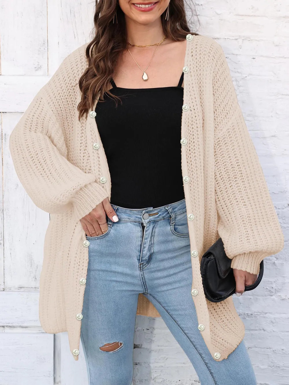 Eunike - Cozy loose knitted open front long sleeve cardigan