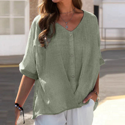 Ninette - Loose button-up blouse with V-neck