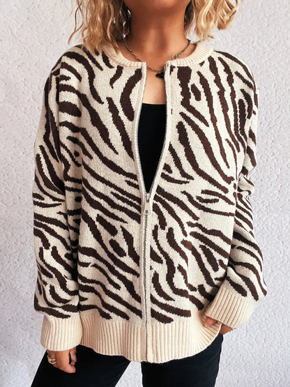 Beatrice - Cozy zebra print zip-up warm cardigan