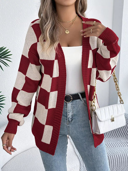 Omelina - Cozy checkered pattern open front cardigan