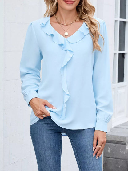 Zerlina - Elegant Long-Sleeve Blouse with V-Neck and Ruffles