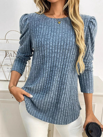 Yanna - Elegant Long-Sleeve Ribbed Sweatshirt with Round Neck and Puff Sleeves