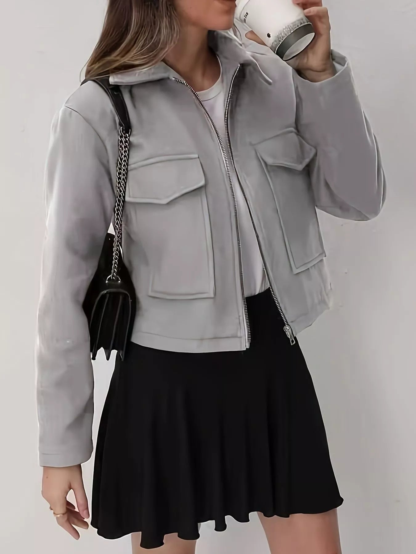 Terra - Elegant cropped zip-up pocketed jacket