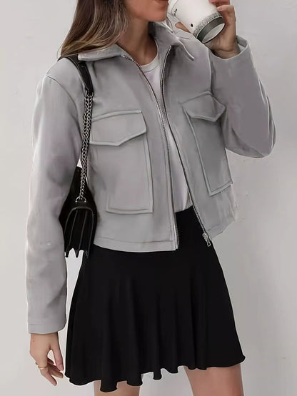 Terra - Elegant cropped zip-up pocketed jacket
