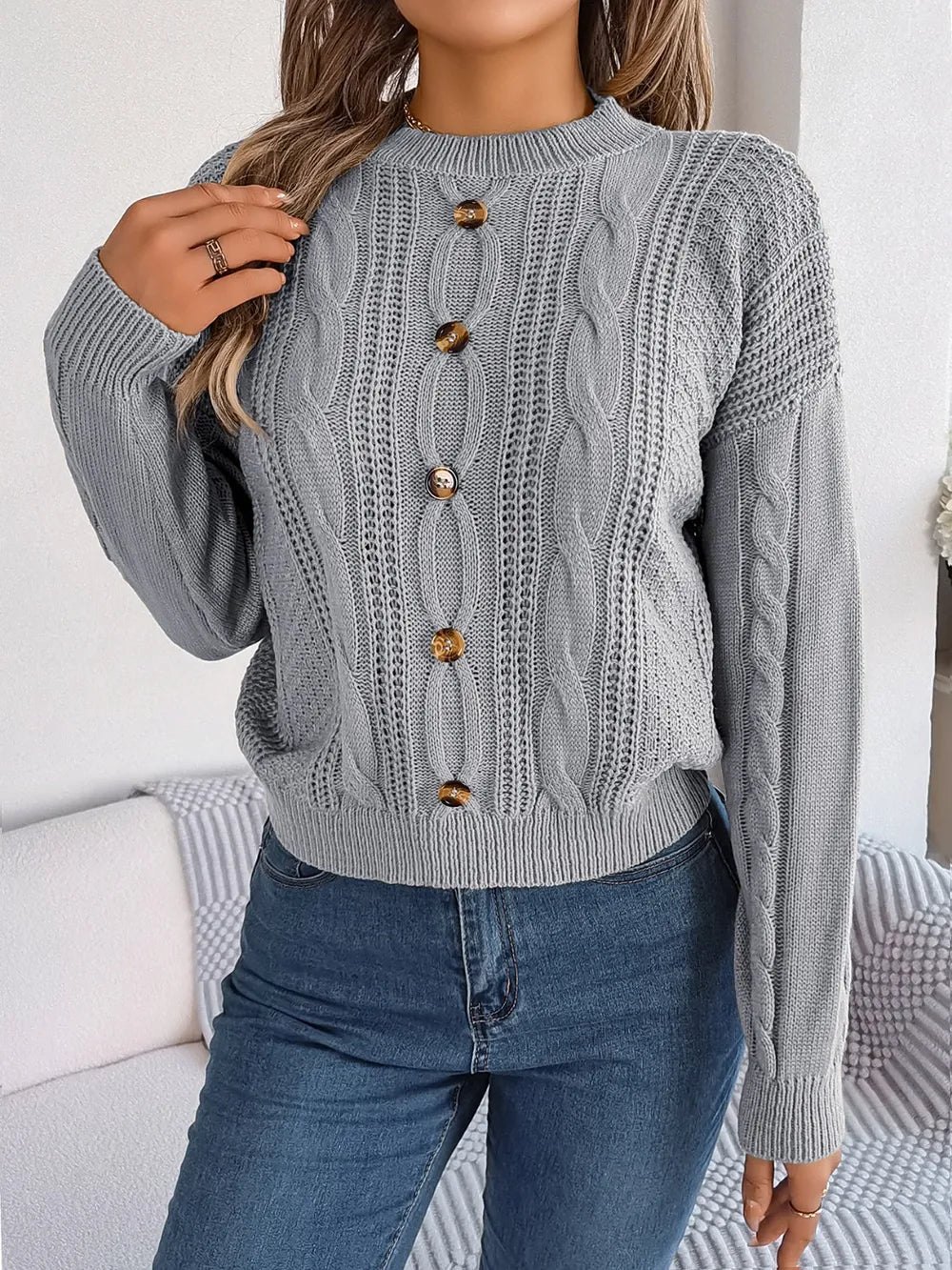 Abriella - Chic cable-knit buttoned round neck sweater