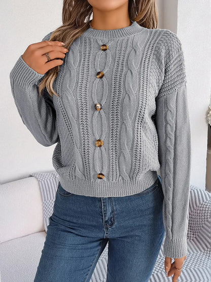 Abriella - Chic cable-knit buttoned round neck sweater