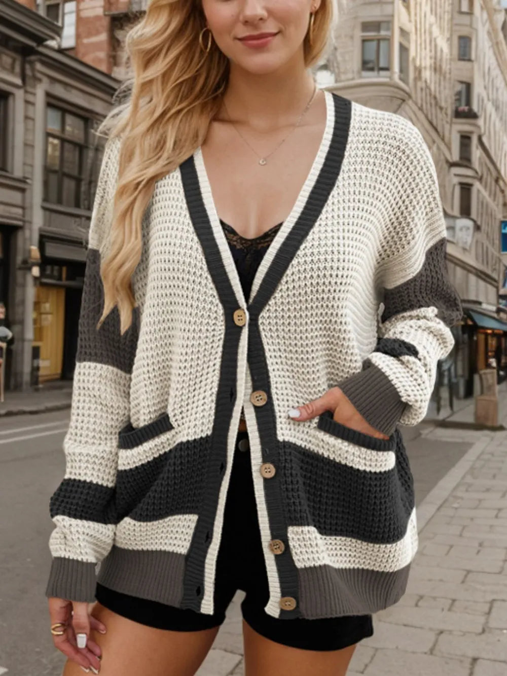 Elvina - Stylish waffle knitted contrast long sleeve cardigan