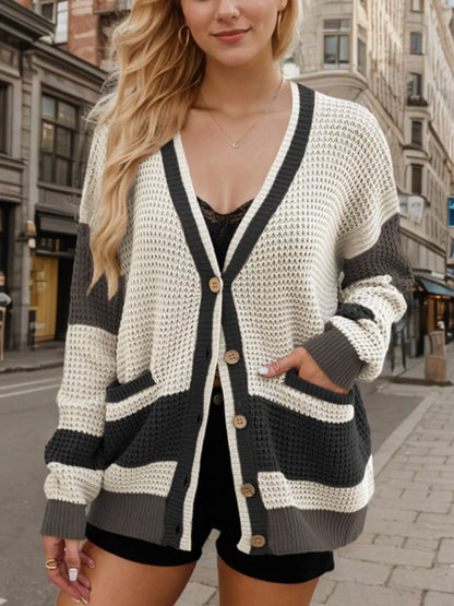 Elvina - Stylish waffle knitted contrast long sleeve cardigan