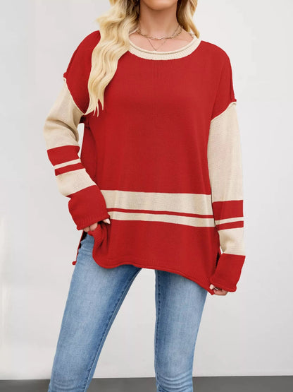 Wanda - Stylish loose color block side slit sweater
