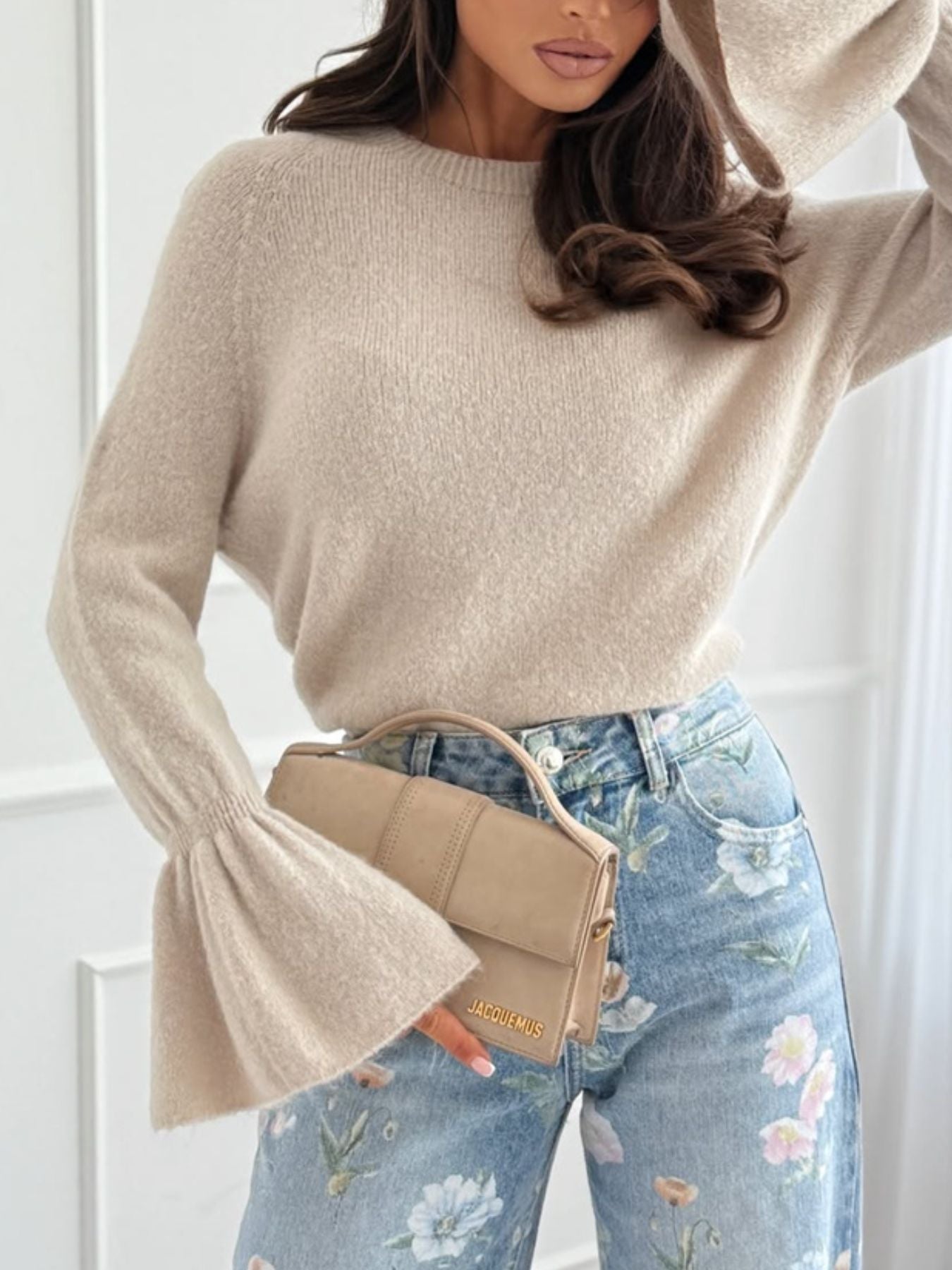 Annette - Chic round neck flounce sleeve sweater