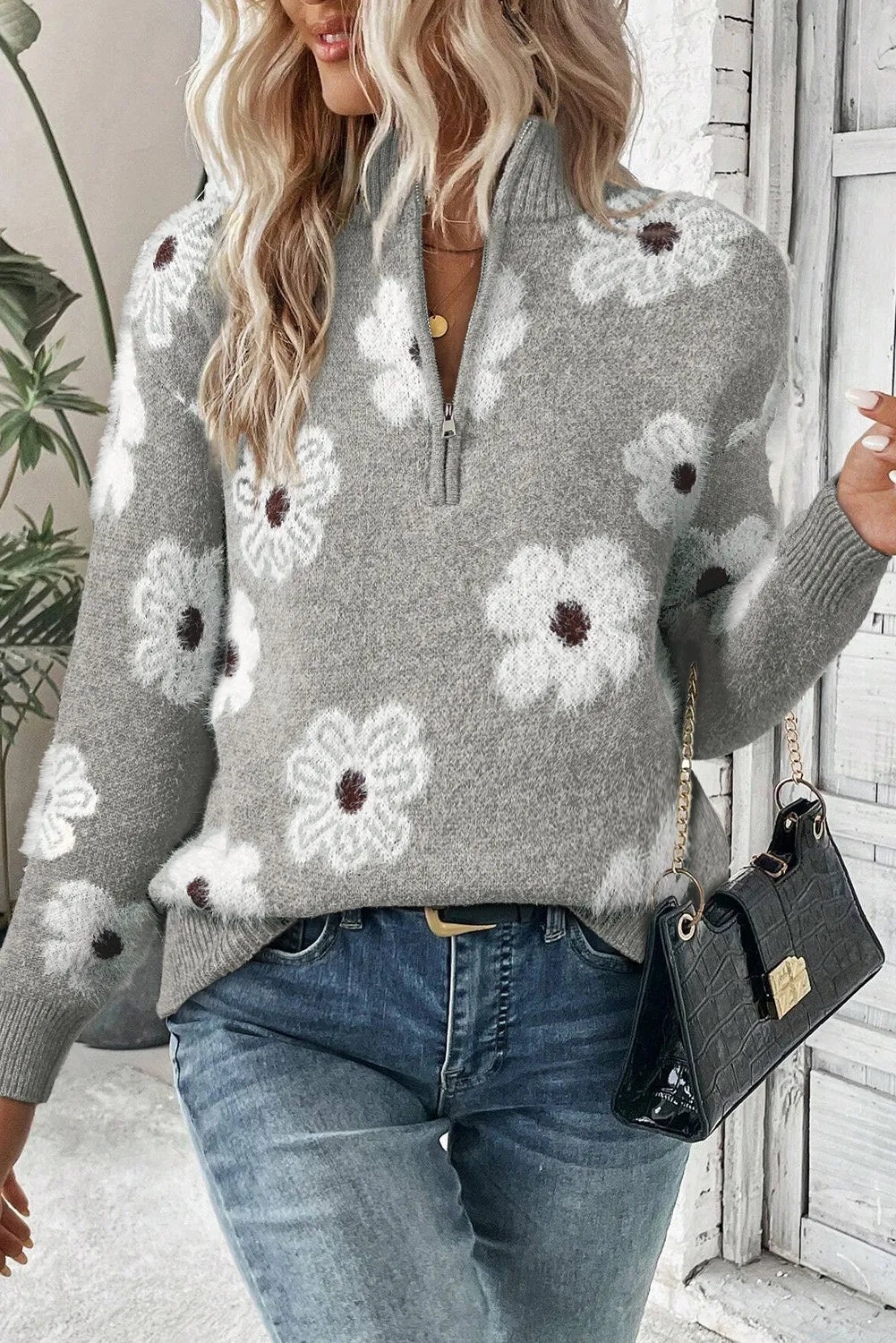 Sachzna - Elegant stylish floral zip up sweater