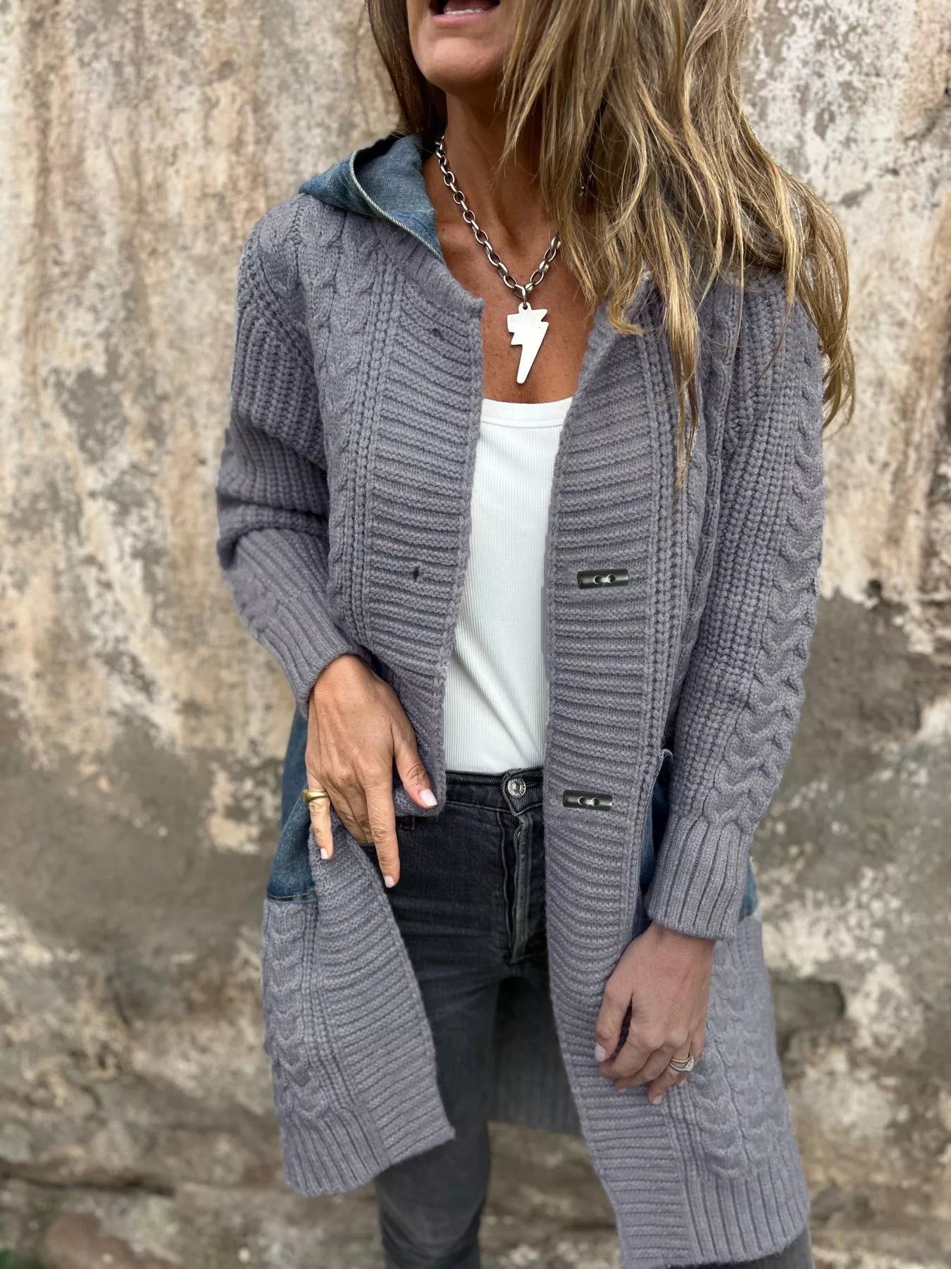 Pandorra - Stylish hooded cable knit longline cardigan