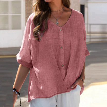 Ninette - Loose button-up blouse with V-neck