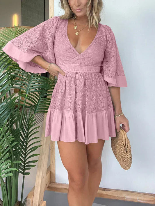 Leonora - Elegant lace mini dress with V-neck and batwing sleeves