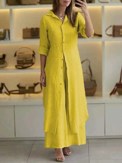 Sunniva - Casual linen buttoned maxi dress and wide-leg trousers set