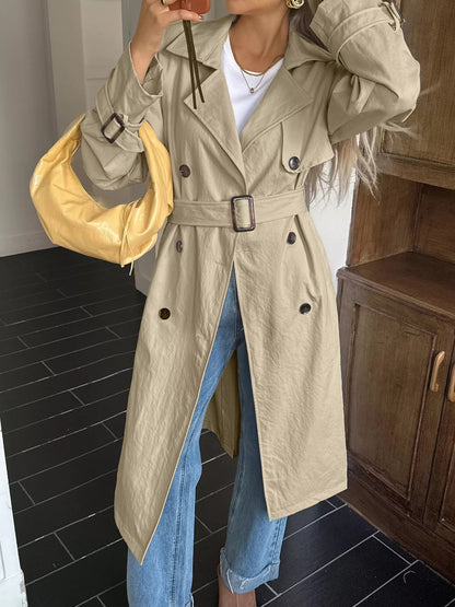 Maine - Casual Long Double-Breasted Trench Coat with Belt