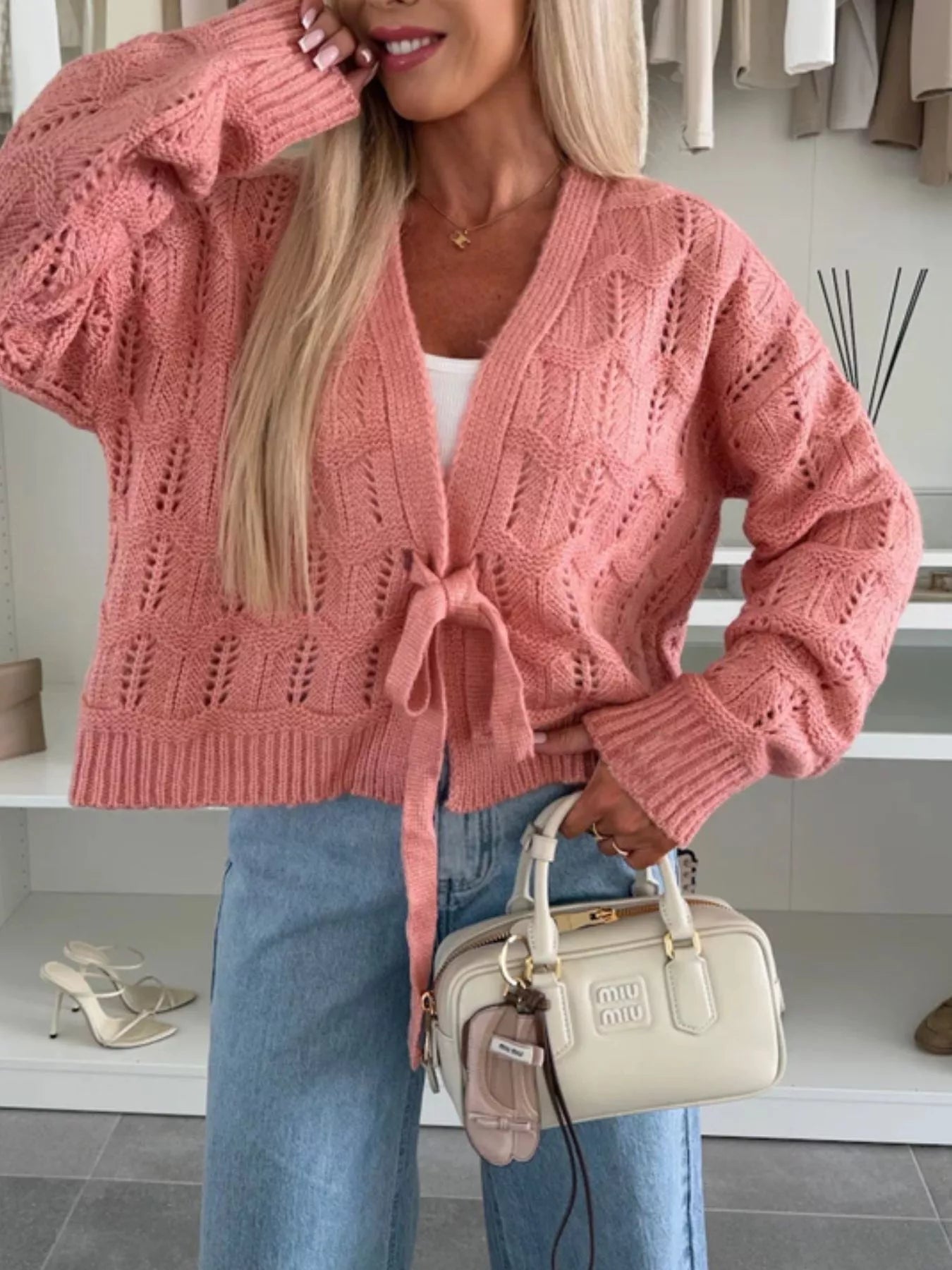 Princesa - Loose knitted tie-front openwork cardigan