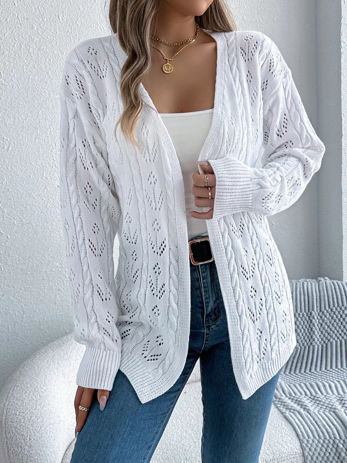 Marigold - Casual open front hollow-out cable knitted cardigan