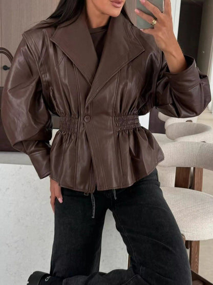Pamelina - Elegant peplum waist leather jacket