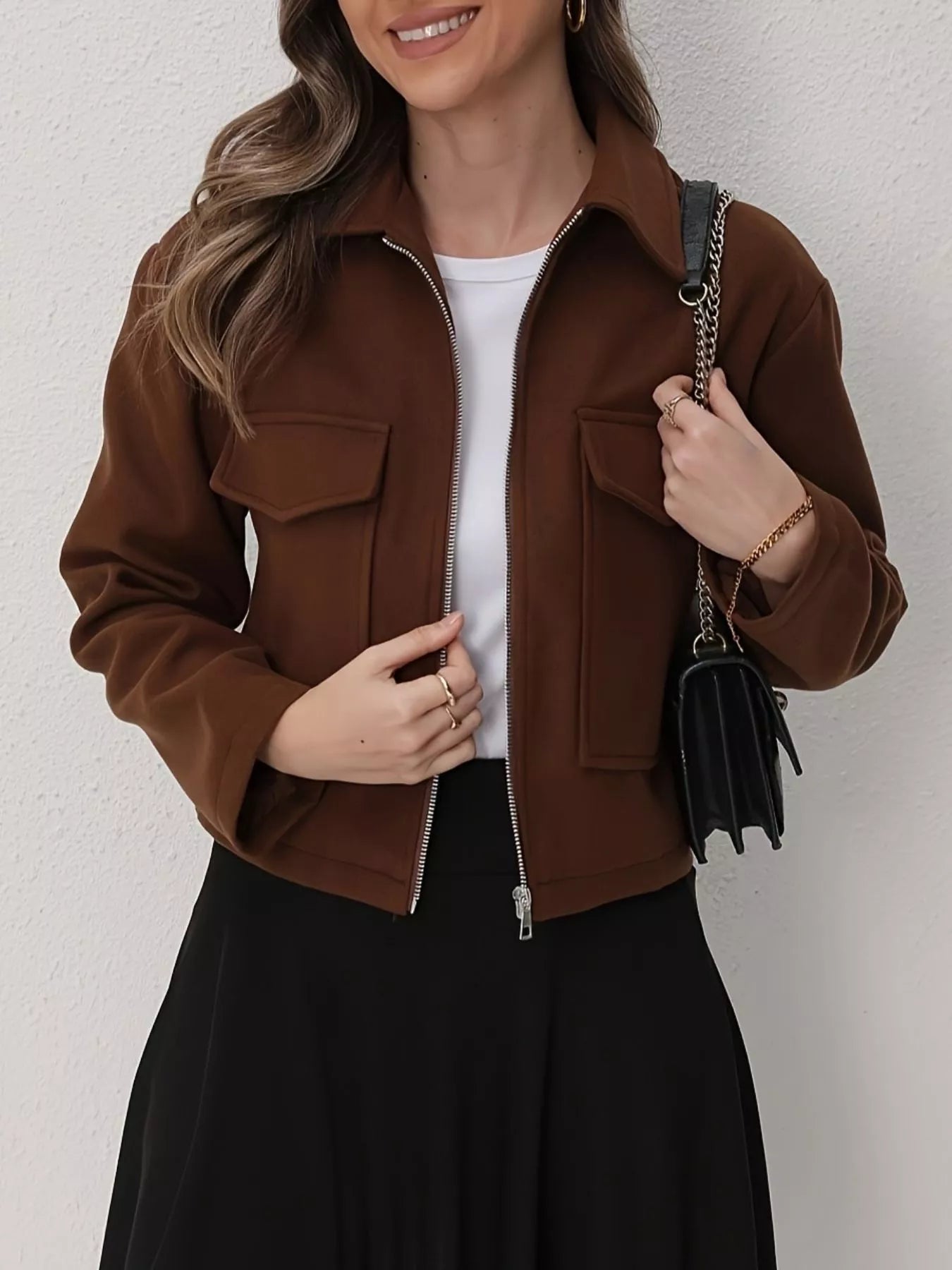 Terra - Elegant cropped zip-up pocketed jacket