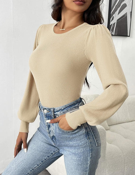 Cristelle - Stylish ribbed lantern long-sleeve blouse