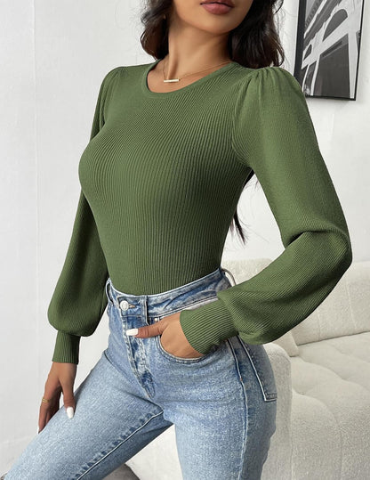 Cristelle - Stylish ribbed lantern long-sleeve blouse