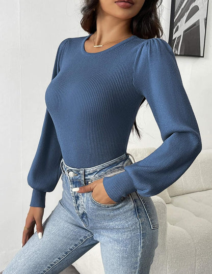 Cristelle - Stylish ribbed lantern long-sleeve blouse
