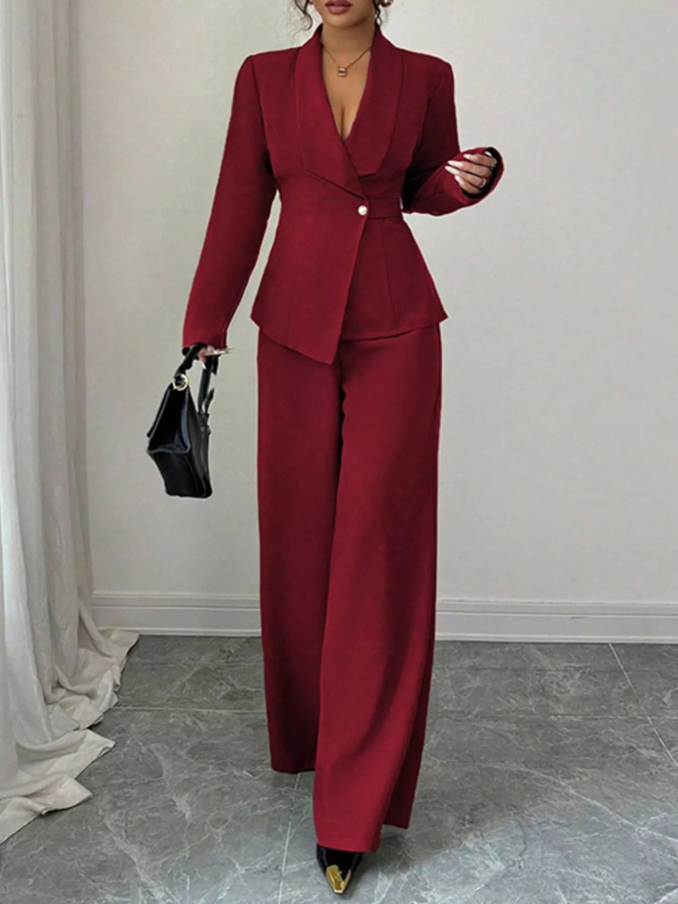 Milanie - Elegant stylish one button blazer and wide leg pants set