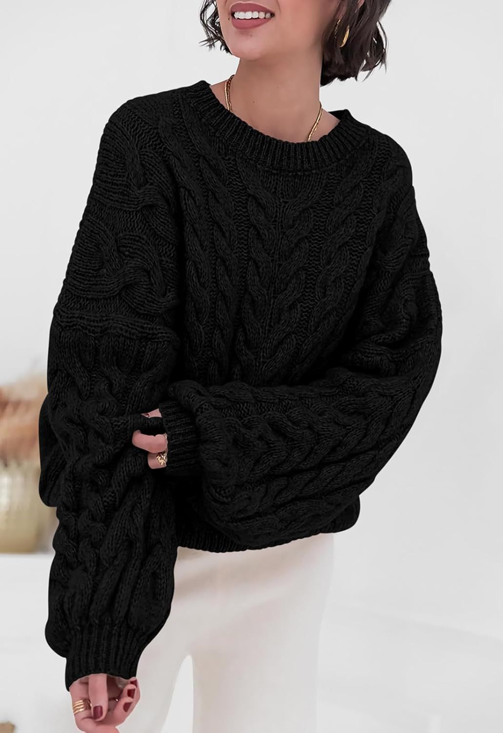 Hara - Chic Loose cable knitted round neck sweater