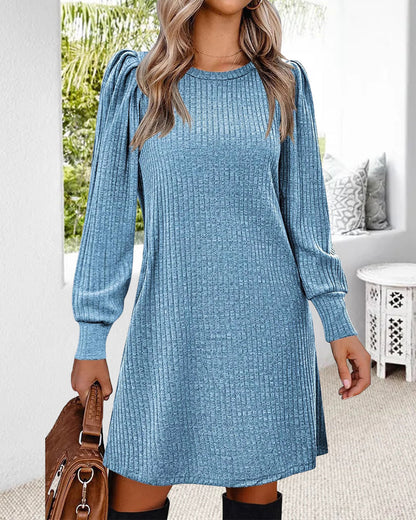 Haniya - Cozy ribbed knitted round neck lon sleeve dress