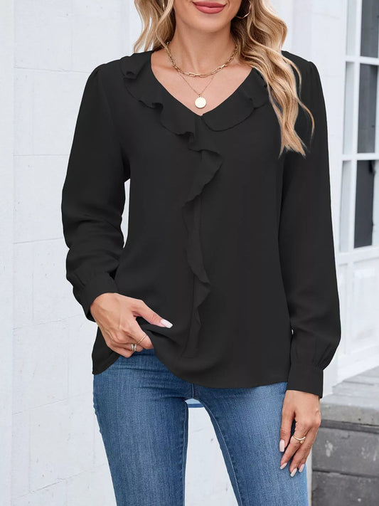 Zerlina - Elegant Long-Sleeve Blouse with V-Neck and Ruffles